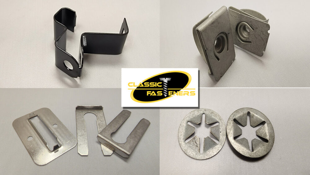 collage of images of stamped brackets, nut clip fourslide clip, stampings and star push nut