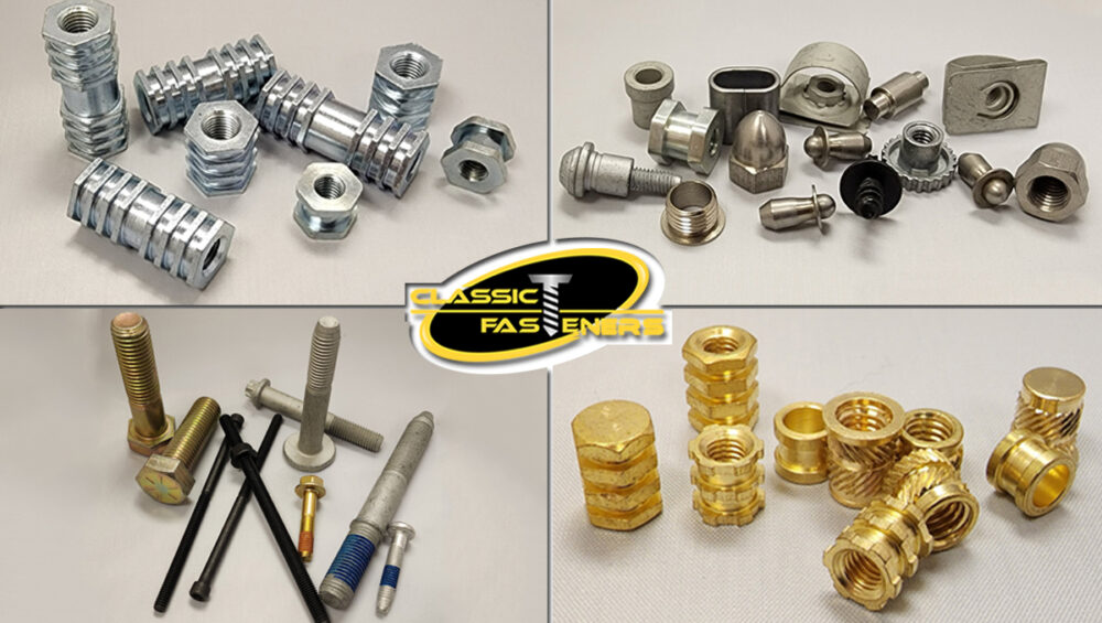 Fastener solutions in different sizes. Bolts, nuts, screws, and brass inserts.